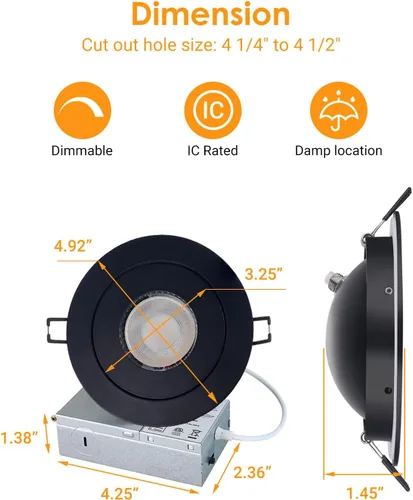 Miniatura 4 de POPANU Gimbal Luz LED Empotrada - 4 Pulgadas Negro 9W Rotación 360° Direccional Ajustable Eyeball Techo Inclinado Iluminación Empotrada 4 pulgadas
