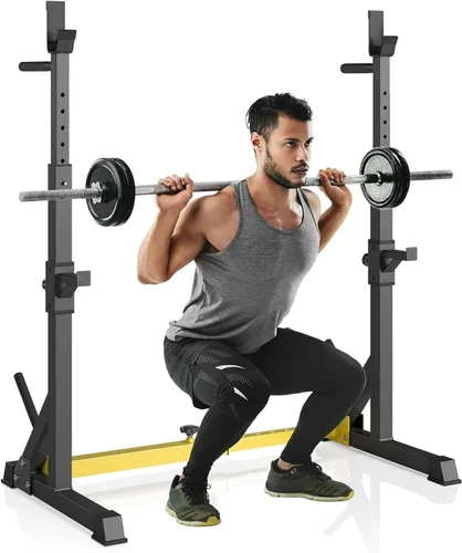 Arlopu Soporte para sentadillas, estante de prensa de banco, estante para mancuernas, estante ajustable para mancuernas para levantamiento de pesas,