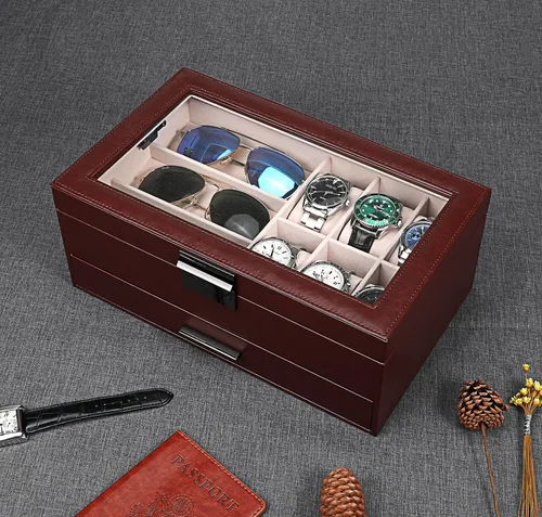 Miniatura 5 de LANDICI Caja de reloj para hombres y mujeres, 2 capas de piel sintética, organizador de relojes, caja de almacenamiento grande, caja de joyería