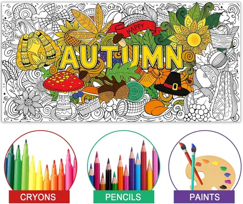 Miniatura 3 de ZOIIWA Póster de otoño para colorear con mandala, mantel gigante para colorear de otoño, hojas de girasol, calabazas, hojas de girasol, páginas