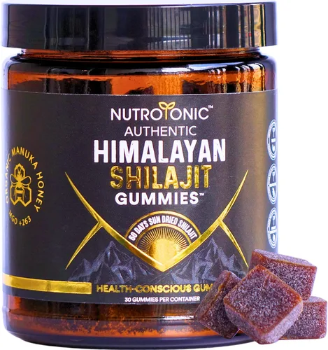 NutroTonic® Gomitas Shilajit orgánicas del Himalaya – Sabor a vainilla de melocotón – Shilajit para hombres y mujeres – Miel de Manuka artesanal
