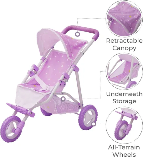 Miniatura 3 de Olivia's Little World Cochecito de Muñeca Bebé estilo jogging con toldo, cinturón de seguridad y espacio de almacenamiento, morado y blanco