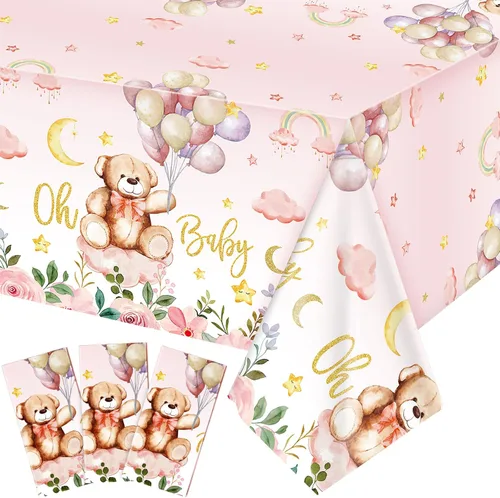 Miniatura 7 de Tatuo Paquete de 3 manteles rectangulares de plástico con diseño de oso para baby shower, para niños y niñas, revelación de género, cumpleaños, baby