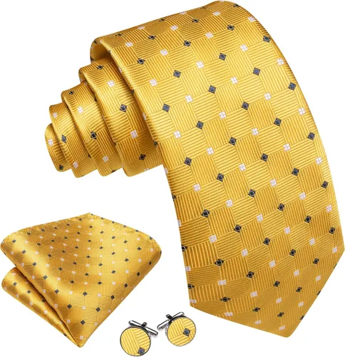 Miniatura 187 de Barry.Wang Juego de corbatas a cuadros para hombre con pañuelo gemelos de rayas clásicas