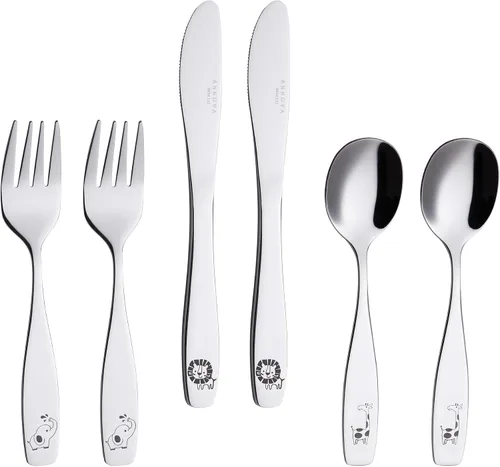 ANNOVA Juego de cubiertos para niños de 6 piezas de acero inoxidable - 2 tenedores seguros, 2 cuchillos de cena, 2 cucharas de cena, utensilios de