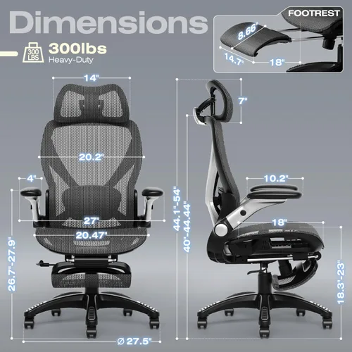 Miniatura 2 de ELABEST X100 Silla de oficina ergonómica de malla con reposapiés, silla de escritorio grande y alta con brazos abatibles 5D, soporte lumbar 3D