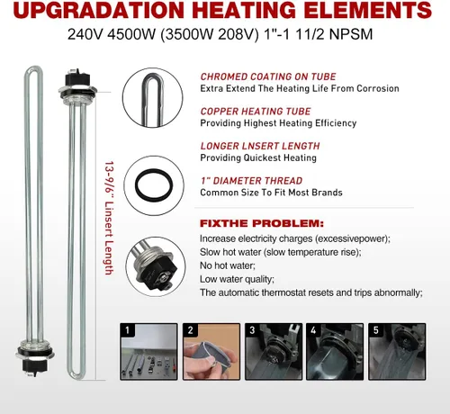 Miniatura 2 de Kit de ajuste del calentador de agua eléctrico, incluye dos elementos de calentador de agua de 4500 W 240 V, termostato superior, termostato EWH-01