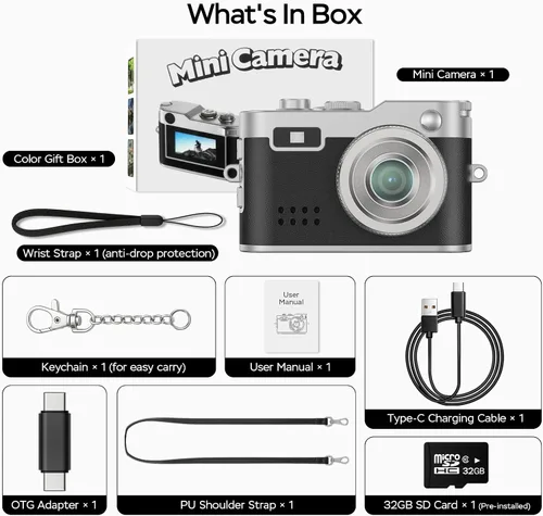 Miniatura 7 de Mini cámara digital, 1080P HD minúscula cámara retro llavero con tarjeta de 32 GB, pantalla de 0.96 pulgadas y adaptador OTG, cámara de bolsillo