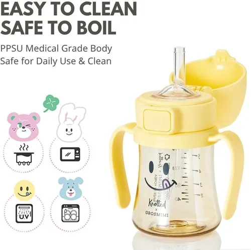 Miniatura 4 de GROSMIMI x KNOTTED Vaso con Tapa Abatible para Sorber a Prueba de Derrames, PPSU, sin BPA, popote de etapa 2 para niños pequeños (Sonrisa 6 onzas)