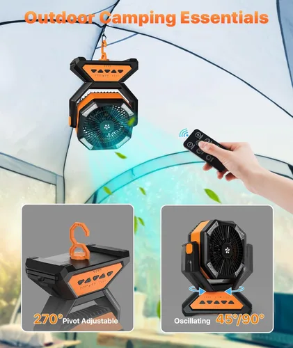 Miniatura 5 de Ventilador recargable portátil para tiendas de campaña, 20000 mAh, funciona con pilas, luces de campamento con gancho remoto, 4 temporizadores/4