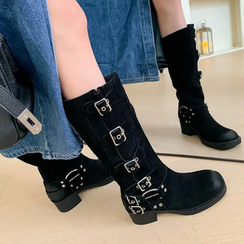 Miniatura 4 de Vertundy Botas altas hasta la rodilla para mujer, botas de tacón bajo grueso de pantorrilla ancha, botas vaqueras de equitación occidental, botas