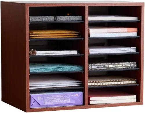Safco - Organizador de literatura, 12 compartimentos, buzón para oficina y aula con estantes ajustables, organizador de papel y correo de madera,