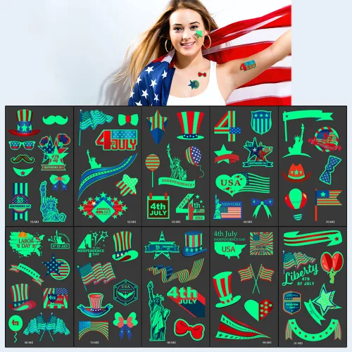 ALIBBON 10 hojas de tatuajes patrióticos que brillan en la oscuridad, tatuajes temporales del 4 de julio, tatuajes de bandera estadounidense, Style3