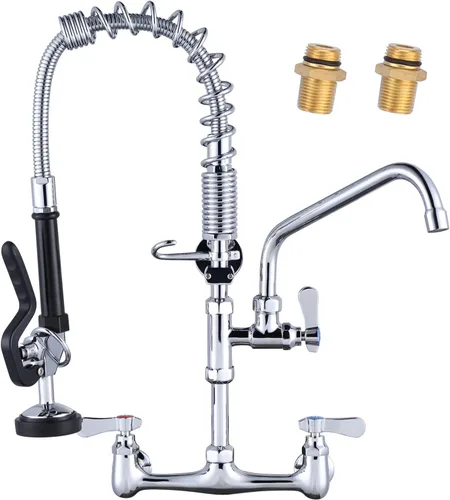 Grifo de cocina comercial para montaje en pared con pulverizador de preenjuague de 21 pulgadas de altura, grifo de fregadero de cocina de 8 pulgadas