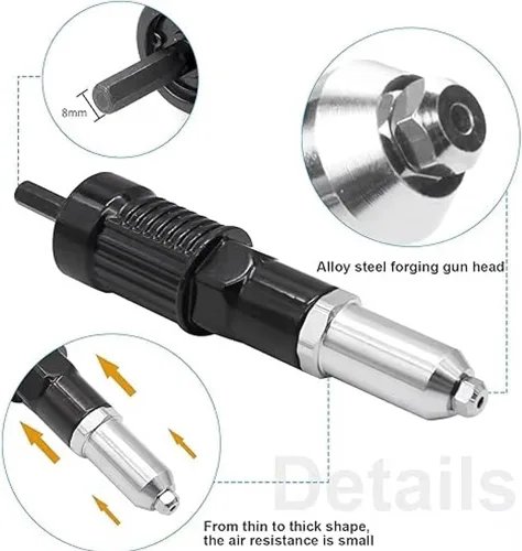 Miniatura 6 de Kit de adaptador de pistola remachadora eléctrica profesional, adaptador de taladro de tuerca de remache eléctrica de acero aleado, convierte tus