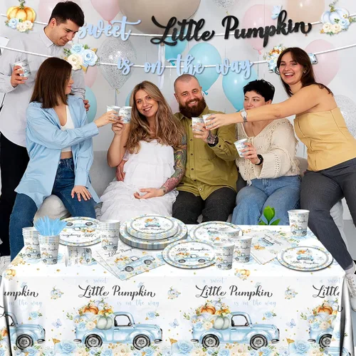 Miniatura 4 de Decoración de baby shower de calabaza, 142 piezas, una dulce pequeña calabaza está en camino, camión floral azul para niños, mantel desechable