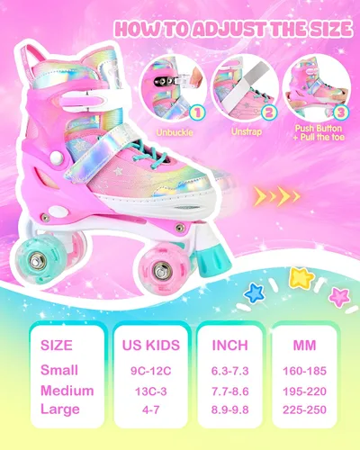 Miniatura 7 de NEMONE - Patines de sirena con ruedas iluminadas y 4 tamaños ajustables para niñas, azul y morado, para niños pequeños, para principiantes, de H