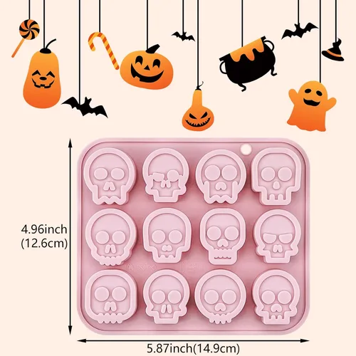 Miniatura 2 de 2 moldes de silicona de calavera de Halloween, 12 cavidades con forma de calavera, molde de fondant, lindo molde decorativo de chocolate