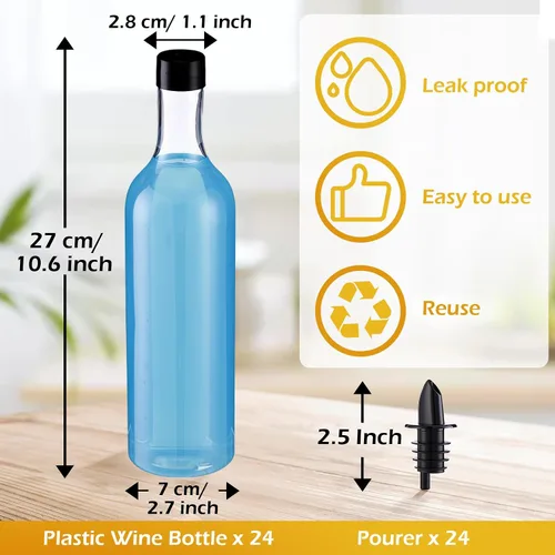 Miniatura 2 de Yinder 24 botellas de plástico de cuello largo con vertedor de 25 onzas, botellas vacías de licor de vino transparente para verter con 24 vertedores