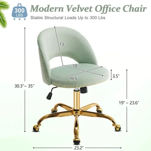 Miniatura 2 de VINGLI Silla de Oficina Pequeña de Terciopelo Moderno, Linda Silla de Escritorio con Ruedas, Base/Tachuelas Doradas, Cómoda Silla Giratoria sin