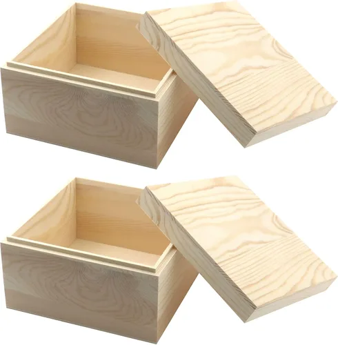 MY MIRONEY 2 cajas de almacenamiento de madera sin terminar con tapa superior de 5.91 x 5.91 pulgadas, caja cuadrada de madera de pino para