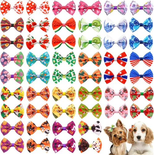 Miniatura 12 de 50 unidades (25 pares) lazos para el pelo de perros pequeños, patrón aleatorio con diamantes de imitación, lazo para el pelo para cachorros, gatos