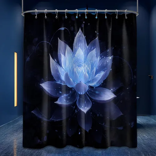 Miniatura 66 de Cortina de ducha con flores de loto negro y azul para decoración de baño, juego de cortinas decorativas de baño con estampado floral, tela