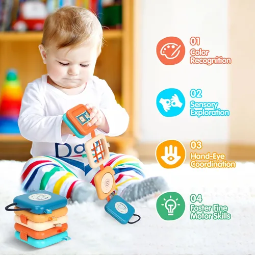 Miniatura 2 de Tablero de actividades para niños de 1 año, juguetes de viaje para niños pequeños de 1 a 3 años en avión, tablero Montessori ocupado cubo ocupado
