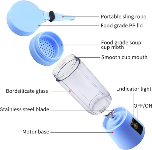Miniatura 4 de Licuadora portátil para batidos y batidos 10oz 12.8 fl oz pequeña máquina exprimidora mini USB recargable 4 cuchillas mini exprimidor azul
