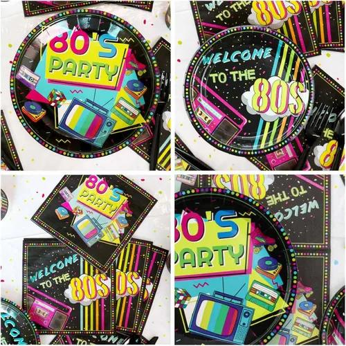 Miniatura 5 de Suministros para fiestas de los años 80 – 122 piezas, platos, servilletas, manteles para decoraciones de fiesta de regreso a los 80 – Sirve 40