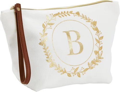Bolsa de maquillaje personalizada con inicial dorada para mujer, bolsa de cosméticos de lona con monograma, color blanco, Blanco, Dorado, B