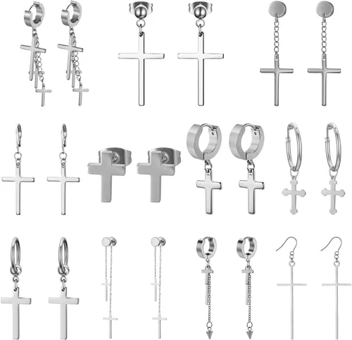 Cupimatch Juego de 11 pares de aretes colgantes de cruz de acero inoxidable con piercings de aro con bisagras, joyería para hombres y mujeres