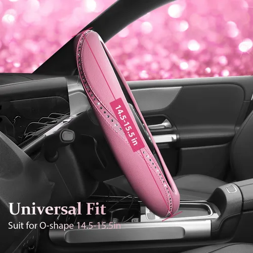 Miniatura 6 de CAR PASS Funda para Volante de Cuero Rosa con Diamantes de Imitación Brillantes, Piedras de Imitación Brillantes con Tachuelas Ajuste Universal 14