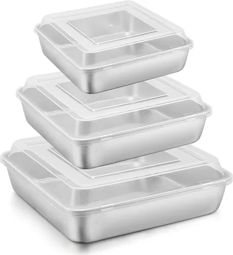 Miniatura 8 de E-far Juego de 3 moldes cuadrados de 6/8/9 pulgadas con tapa, antiadherentes cuadrados para hornear, núcleo de acero inoxidable y fácil de limpiar