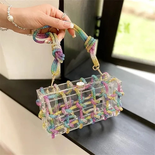 Miniatura 2 de Bolso de acrílico transparente con diamantes de imitación, bolso de mano de noche brillante, bolso anudado adornado con cristal para cóctel, fiesta
