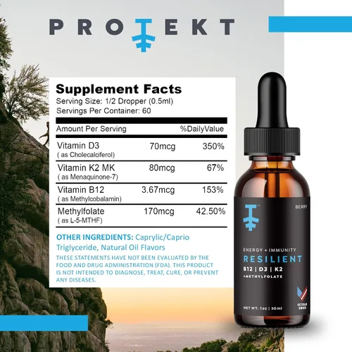 Miniatura 2 de PROTEKT Gotas resistentes de vitamina D3 K2 B12 – Suplemento líquido de vitamina B12 K2 D3 con metilfolato, gotas líquidas para energía