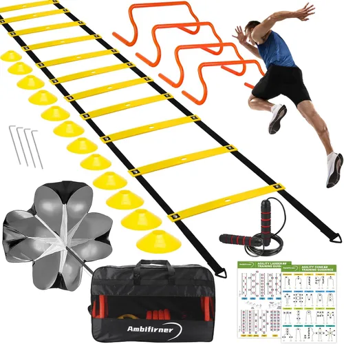 Juego de Equipo de Entrenamiento de Agilidad Ambifirner - Escalera de Agilidad (12 Peldaños/20 pies), 4 Obstáculos de Velocidad, 12 Conos de