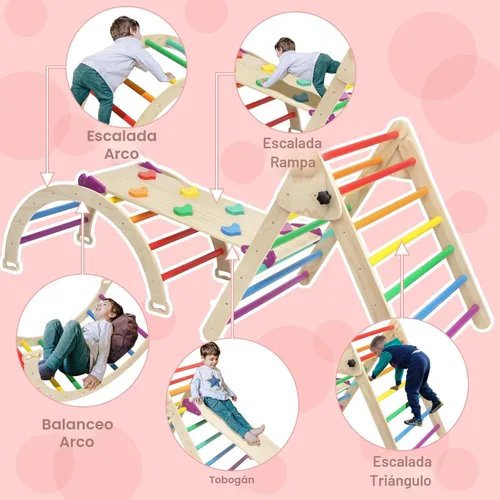 Miniatura 2 de Juego de Triángulo Pikler 5 en 1, Parque Infantil Interior y Gimnasio para Niños, Juego de Escalada Montessori de Madera Plegable Conjunto