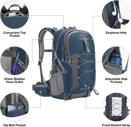 Miniatura 3 de Mochila Maelstrom para senderismo, mochila para campamento, mochila impermeable de 50L con cubierta para la lluvia, mochila ligera de viaje, azul