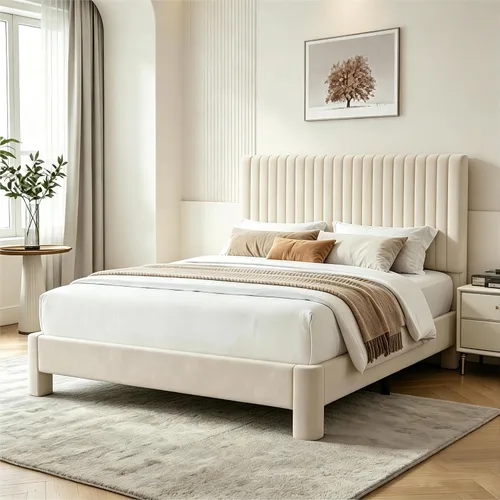 Miniatura 11 de Vipbear Base de cama de tamaño matrimonial con heaboard, marco de cama tapizado de terciopelo de lujo con soporte de listones de madera, bajo