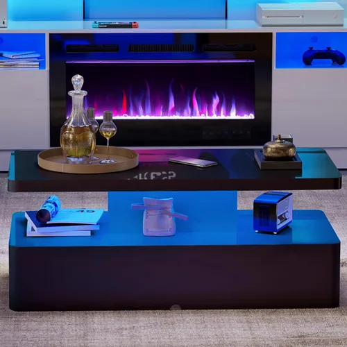 Miniatura 6 de AHB Mesas de centro contemporáneas para sala de estar, mesa de centro LED con esquina redondeada en 16 colores, mesa de 2 niveles de alto brillo