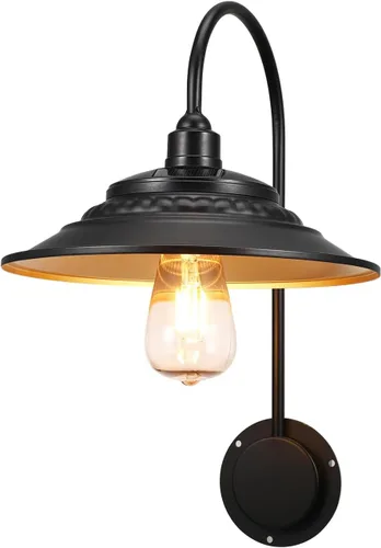 Luces solares de granero mejoradas, 1 lámpara de pared impermeable, luces solares rústicas de cuello de cisne de metal vintage con interior dorado,