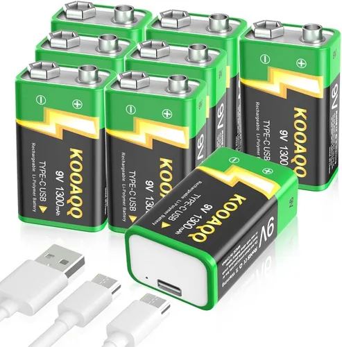 Baterías recargables de 9 V, batería de litio de 1300 mAh de 9 voltios para alarmas de humo, micrófonos, walkie-talkie, juguetes, etc., recarga