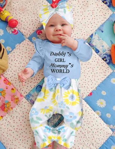 Miniatura 3 de ADIFUN Ropa de bebé niña, 4 piezas, trajes de niña recién nacida, con volantes, mameluco de campana para bebé, diadema, bandana, conjuntos de ropa