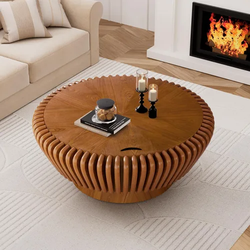 Miniatura 9 de Mesa auxiliar redonda con almacenamiento, mesa de centro moderna de tambor de madera de 35.4 pulgadas con cubierta, mesa central circular acanalada
