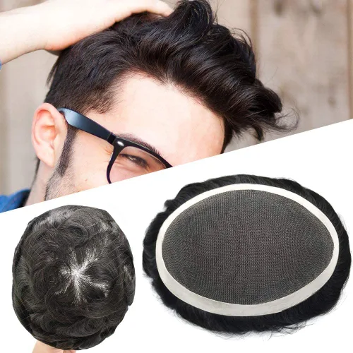 Miniatura 26 de Toupee para hombres sistemas de reemplazo de piezas de cabello humano real, duradero, fino, mono para hombre, tupé, sistema de cabello para hombre