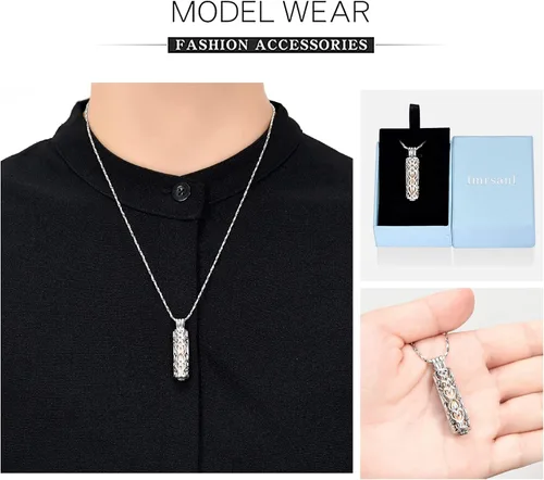 Miniatura 37 de Imrsanl Collar con colgante de urna de cremación con vial de cilindro hueco, urna de recuerdo, joyería de cremación, medallones conmemorativos