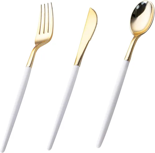I00000 Juego de 60 piezas de cubiertos de plástico dorado - Cubiertos de plástico resistentes - Juego de cubiertos desechables para fiestas, incluye