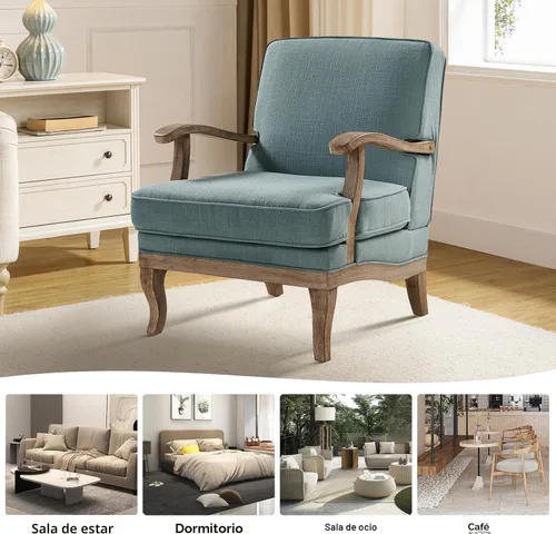 Miniatura 5 de HULALA HOME Juego de 2 sillas decorativas de mediados de siglo, modernas, tapizadas, con reposabrazos y patas de madera maciza, silla de lectura Azul