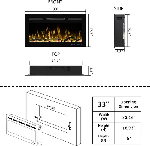 Miniatura 6 de Insertos de chimenea eléctrica WiFi de 33 pulgadas, calentador de chimenea empotrado y montado en la pared con color de llama ajustable y brillo